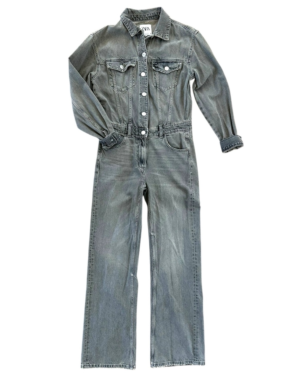 Zara Gray Denim Long Sleeve Button-Up Front Jumpsuit